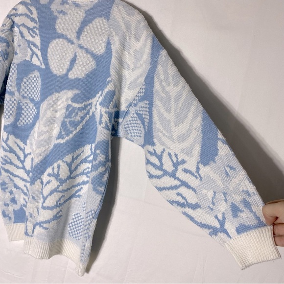 Vintage Blue White Leaf Print Jacquard Button Up Cardigan M - Picture 12 of 14